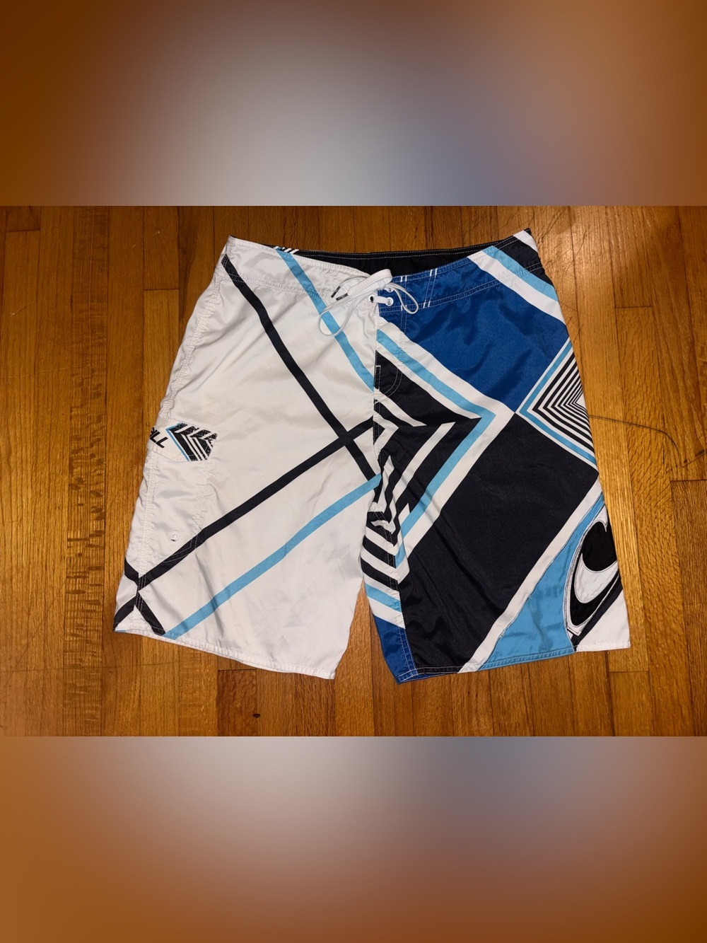 Y2K O'Neill Men's Geometric Board Shorts 36 Drawstring Blue White Black